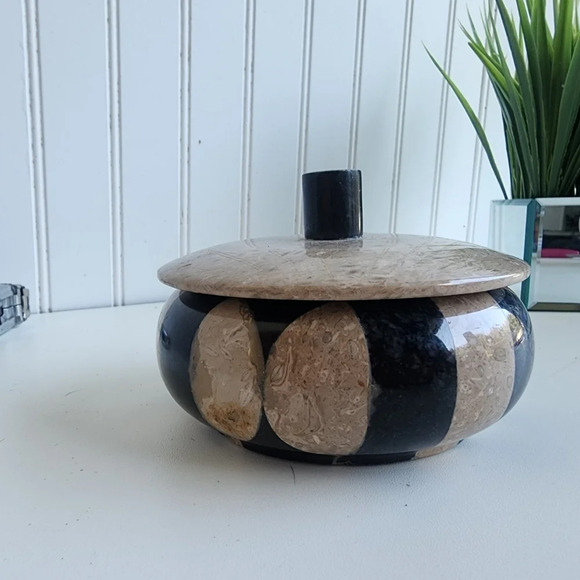 Unique Black & Brown Stone Checker Bowl Lid In Marble & Onyx 4.5” - Picture 1 of 10